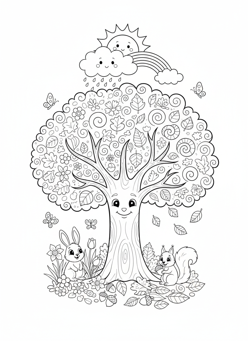 Whimsical Seasons Tree Coloring Page