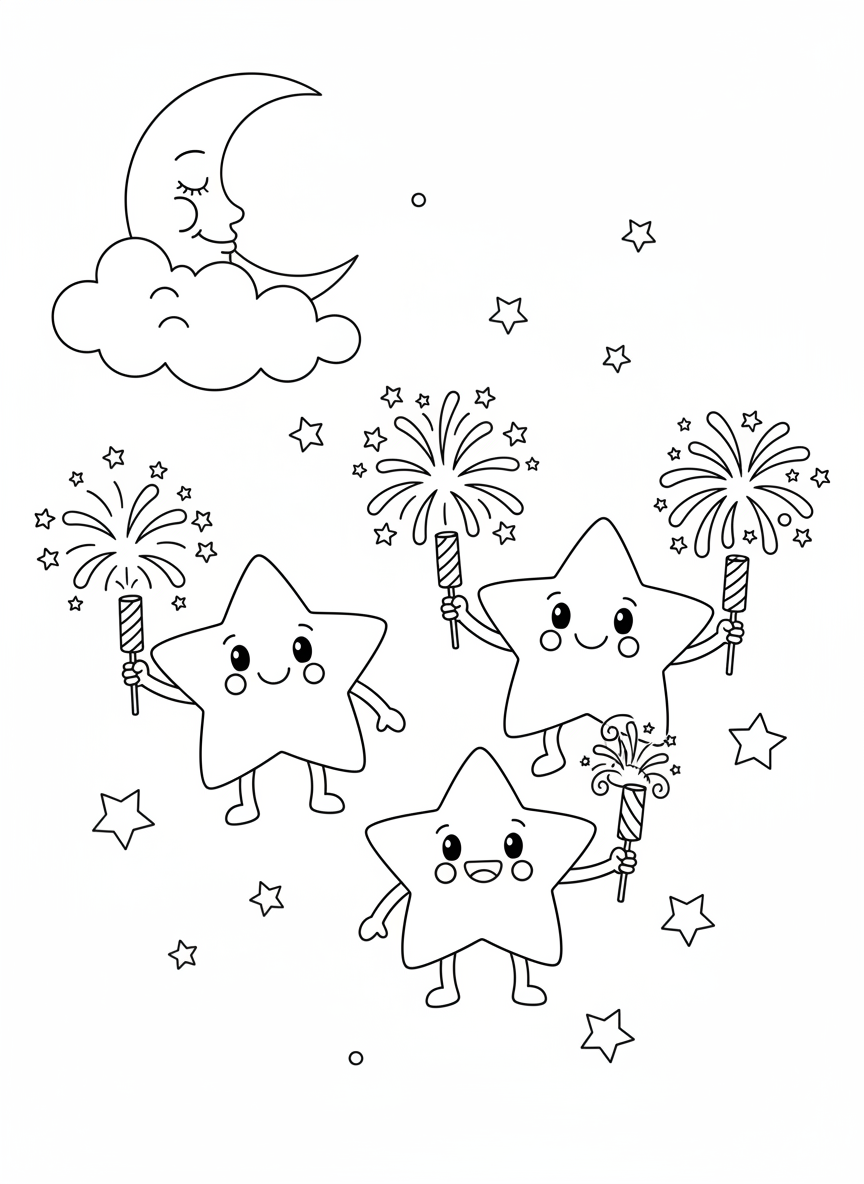 Whimsical Star & Moon Night Sky Fireworks Coloring Page