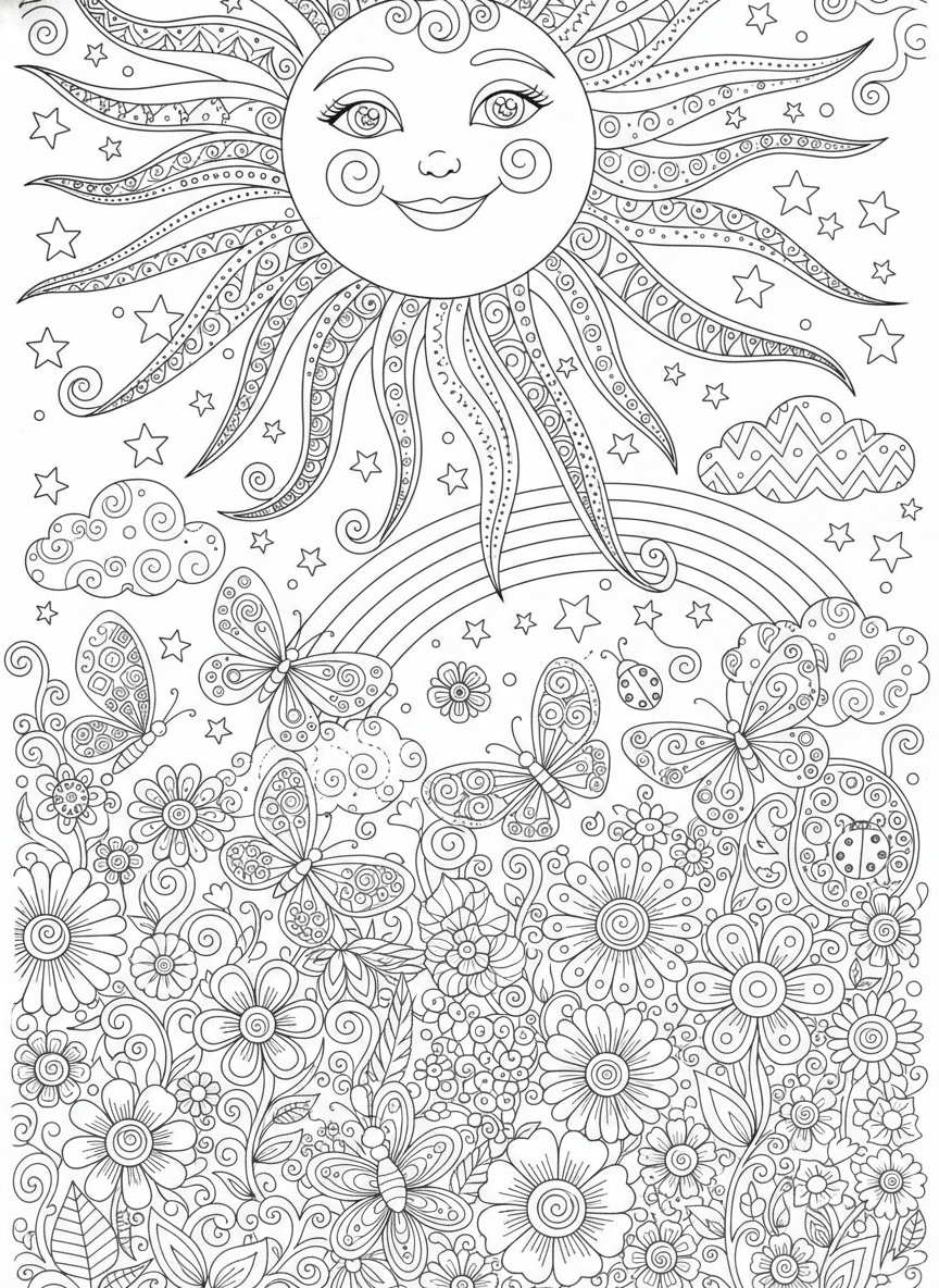 Whimsical Sun & Fantasy Garden Coloring Page for Kids
