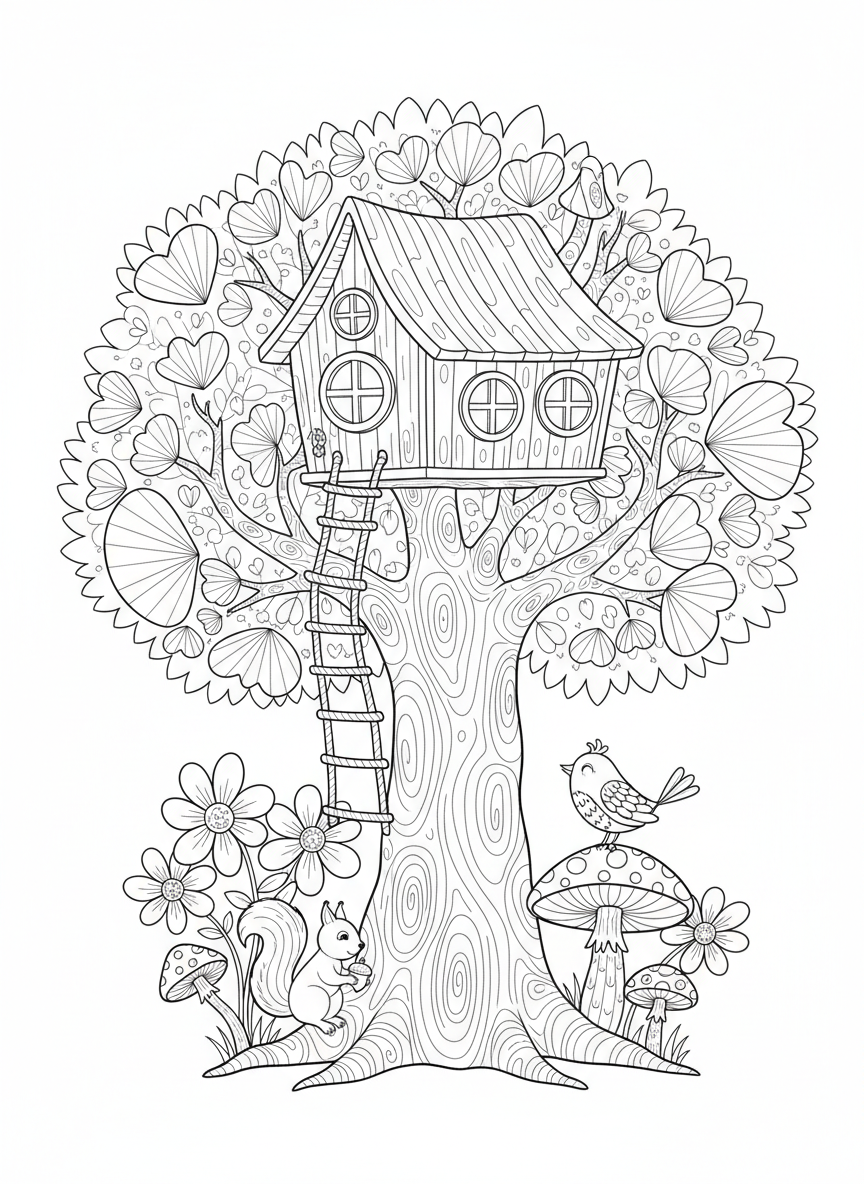Whimsical Treehouse Adventure: A Forest Friends Coloring Page for Kids