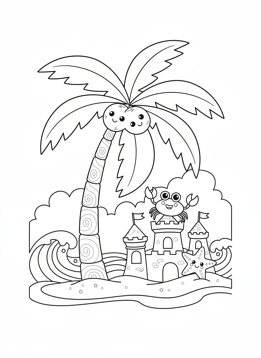 Whimsical Tropical Beach Coloring Page for Kids