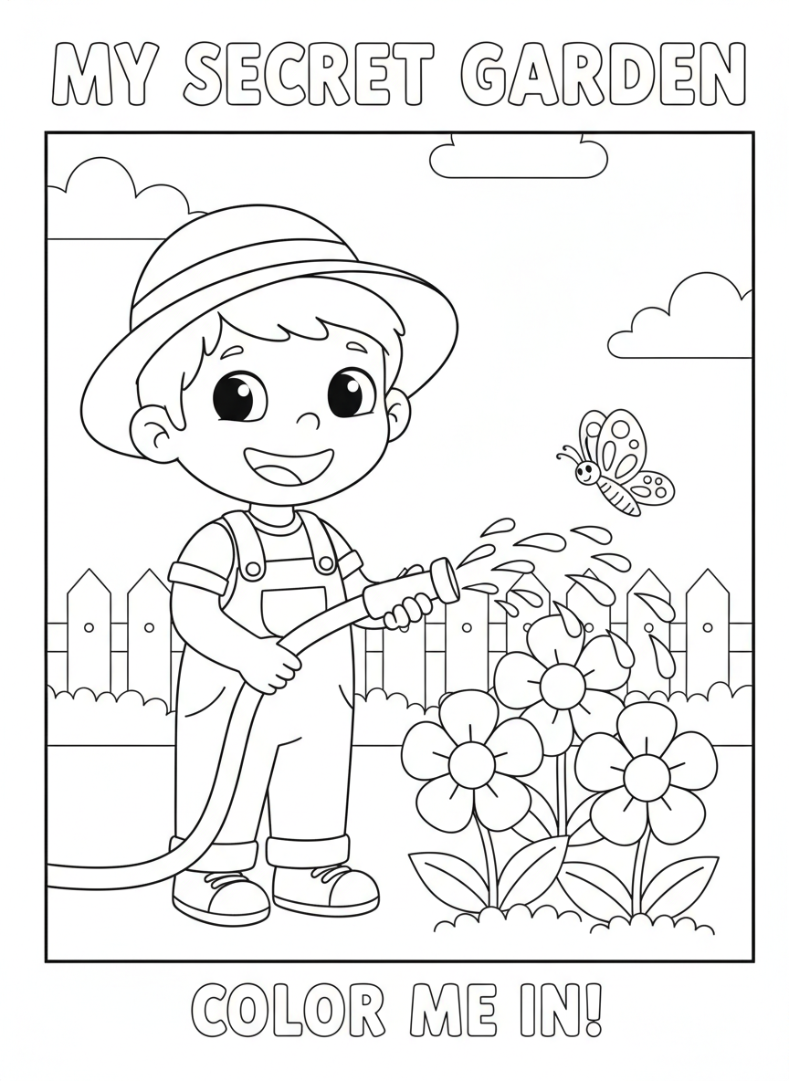 Cheerful Child Watering Flowers Coloring Page