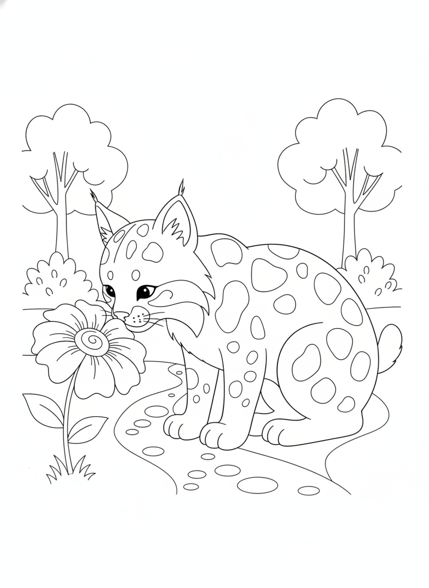 Curious Bobcat Sniffs a Flower on a Forest Path Coloring Page