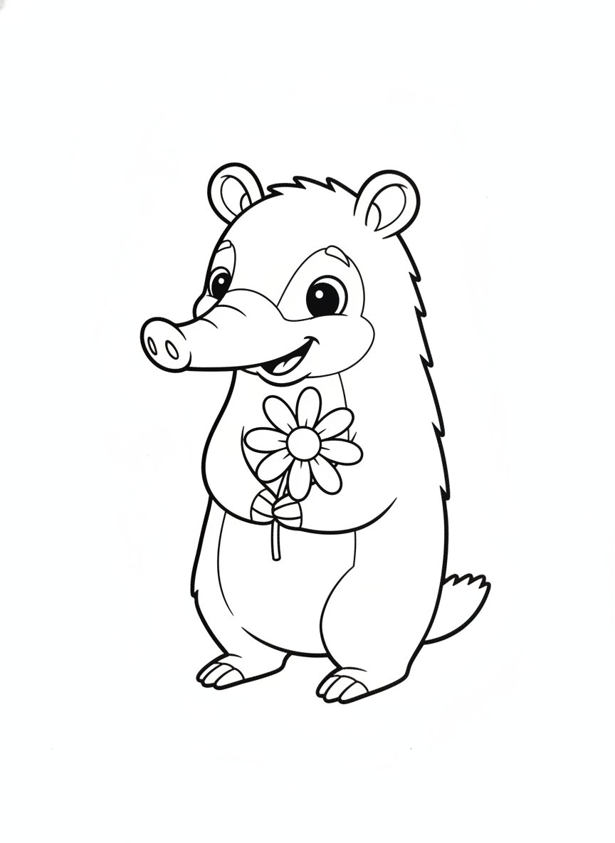 Cute Aardvark with Daisy Coloring Page for Kids