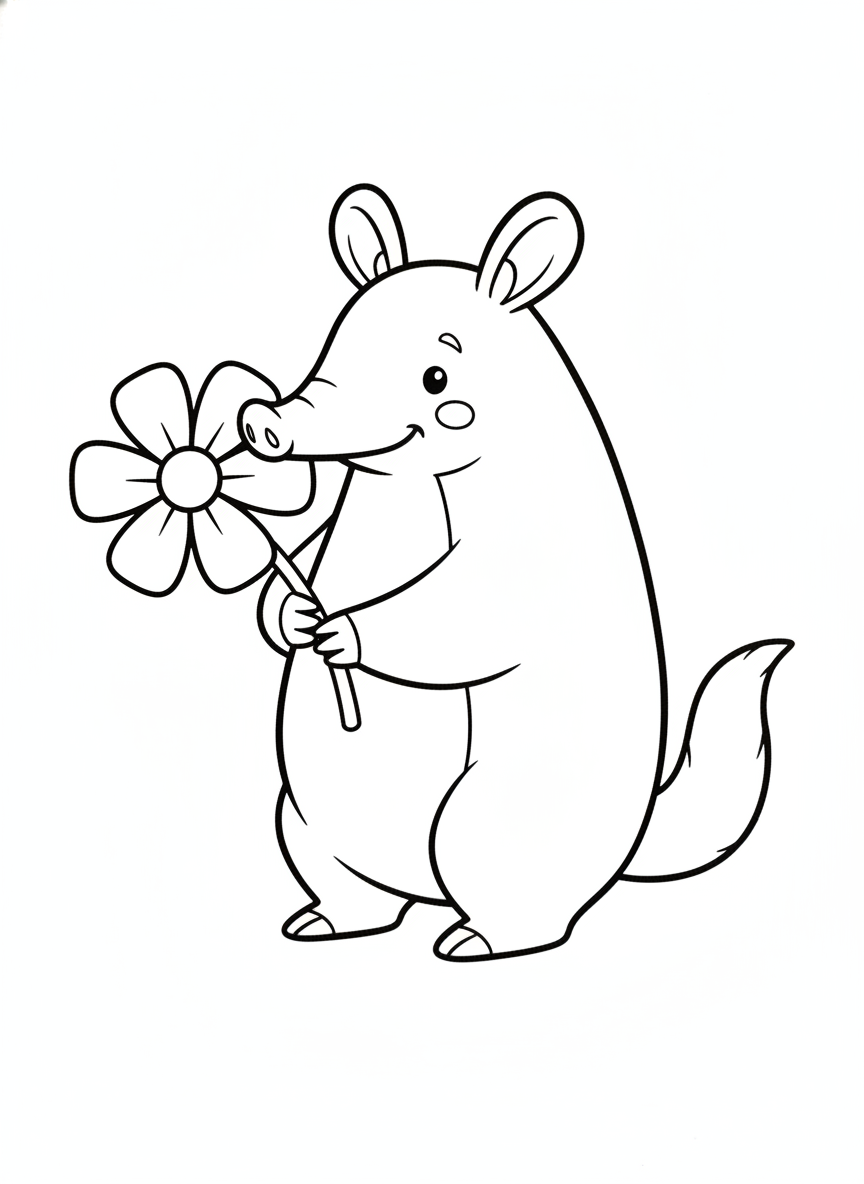 Cute Aardvark with Flower Kids Coloring Page