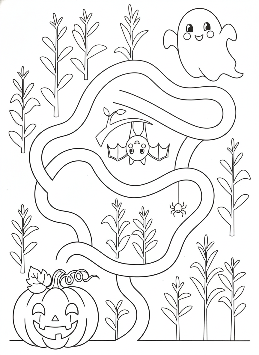 Easy Halloween Corn Maze Coloring Page for Kids
