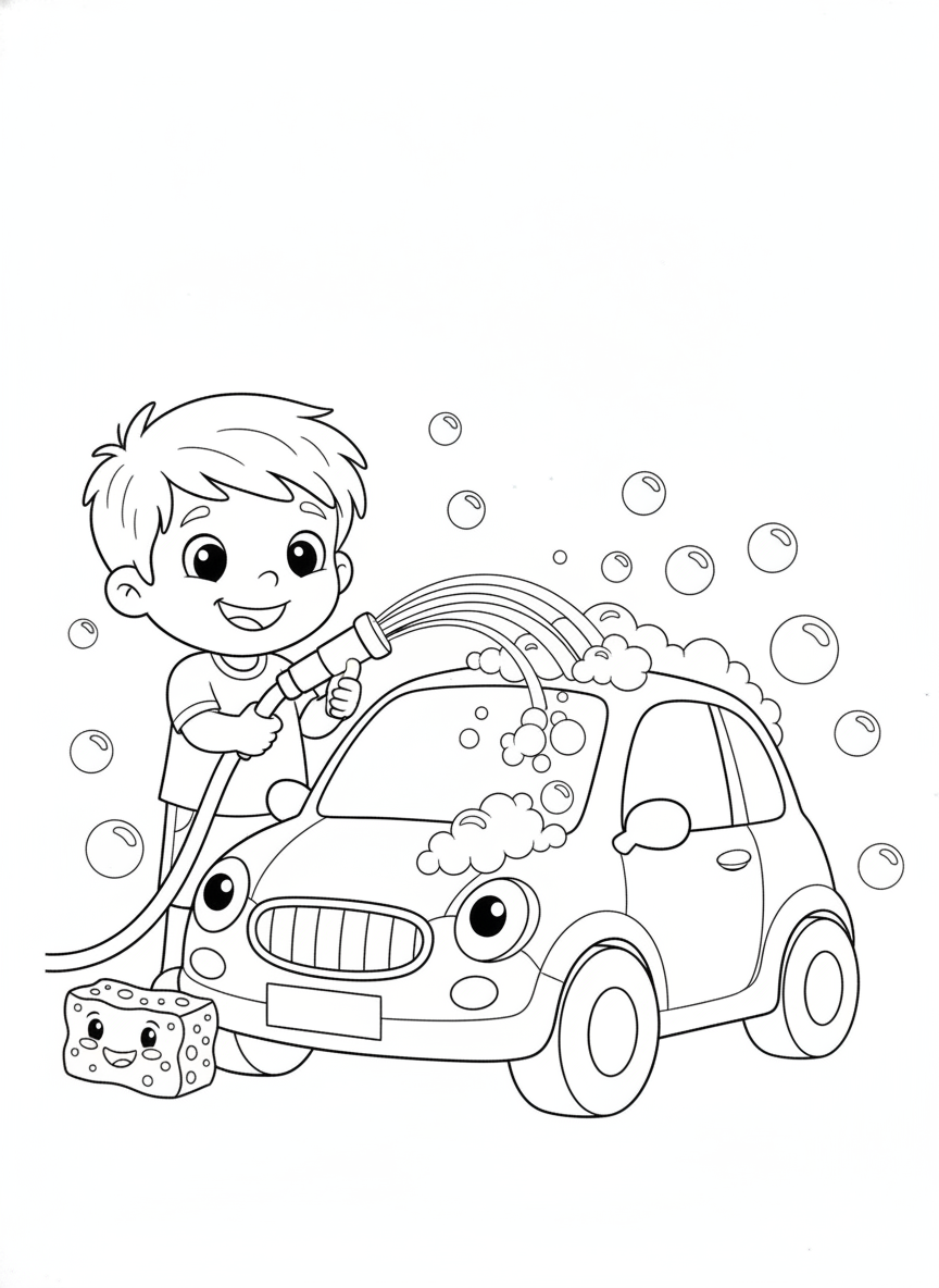 Fun Car Wash Coloring Page for Kids