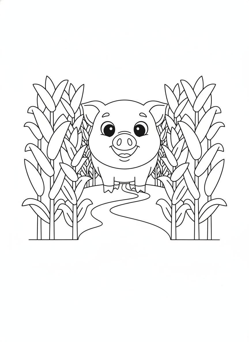 Happy Baby Pig in a Simple Corn Maze Coloring Page