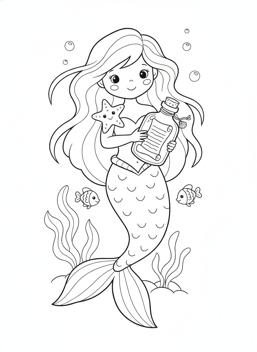 Joyful Mermaid with Secret Message Bottle Coloring Page for Kids