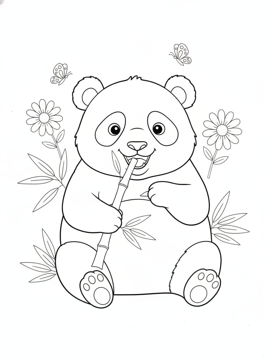 Happy Panda Eating Bamboo Coloring Page