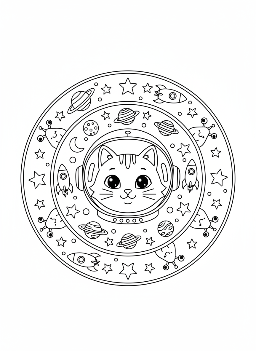 Astronaut Cat Mandala Coloring Page for Kids