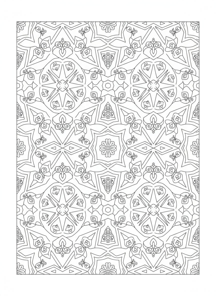 Captivating Kaleidoscope Fun: Geometric & Whimsical Coloring Page for Kids 5-8