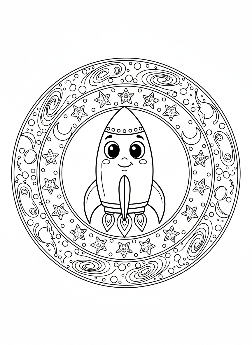 Cosmic Rocket Mandala Coloring Page for Kids