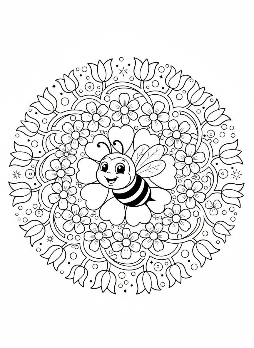 Cute Bee & Floral Mandala Coloring Page for Kids