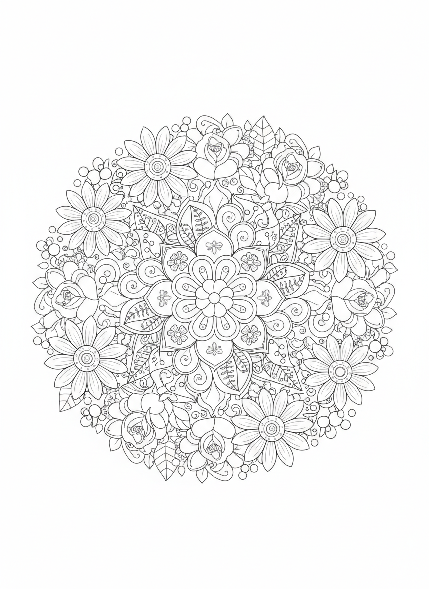 Easy Floral Mandala Coloring Page for Kids - Whimsical Nature Design