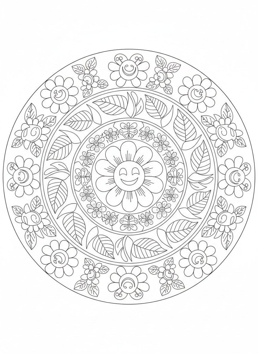 Enchanting Nature Mandala Coloring Page for Kids