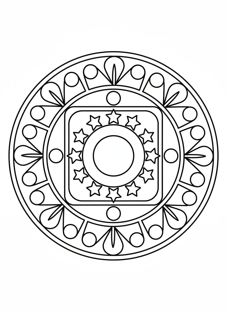 Simple Geometric Mandala Coloring Page for Kids 3-5