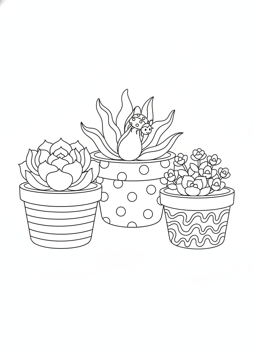 Charming Potted Succulents with a Friendly Ladybug Coloring Page