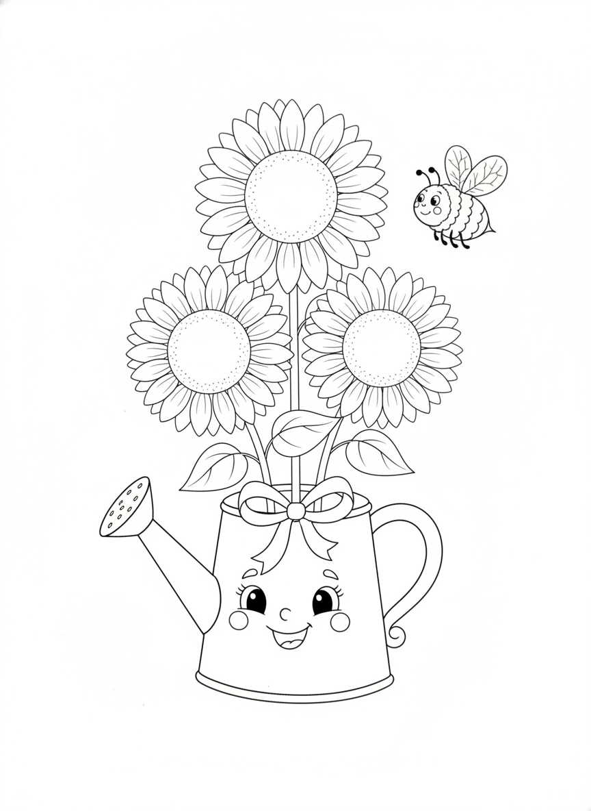 Charming Sunflower Bouquet & Bee Coloring Page for Kids