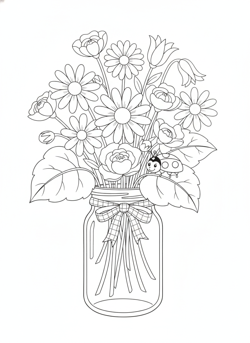 Charming Wildflower Bouquet with Ladybug Coloring Page for Kids