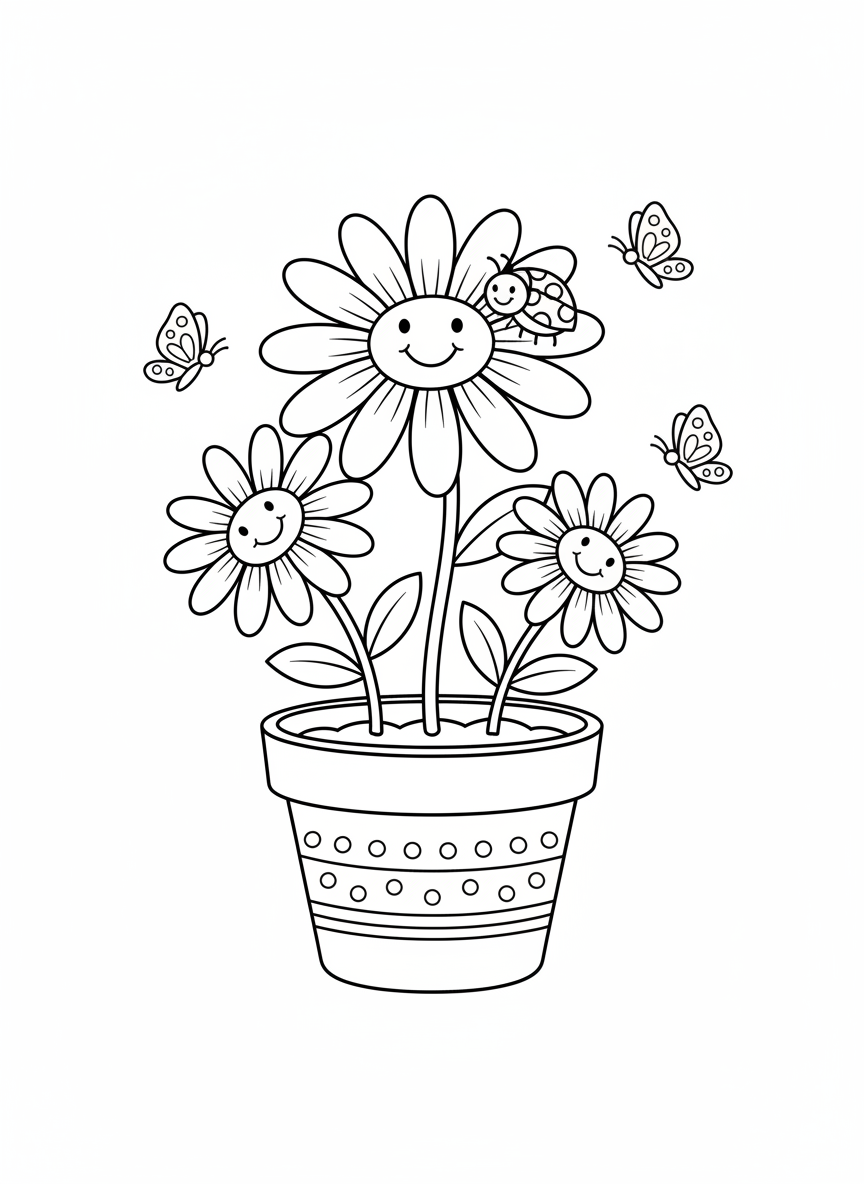 Cheerful Daisies & Ladybug Coloring Page