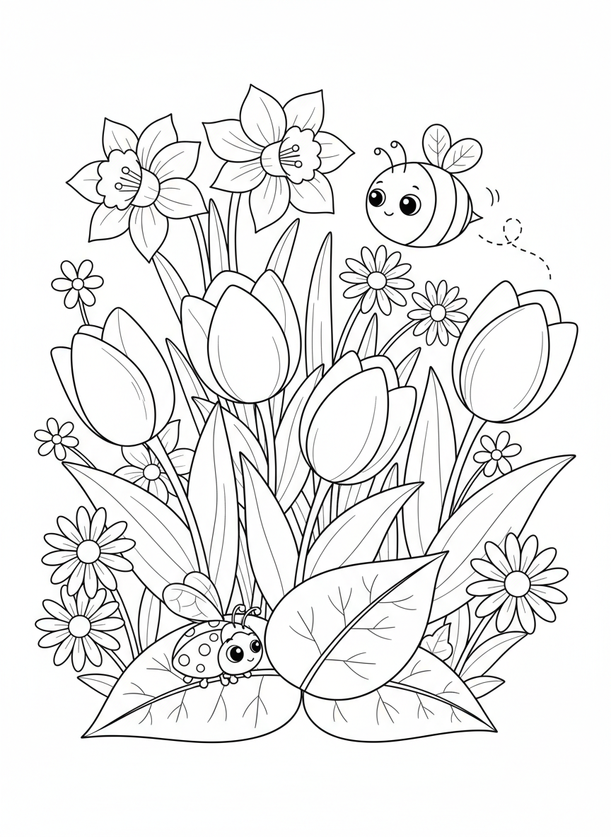 Cheerful Spring Garden: Flowers, Bee, and Ladybug Coloring Page for Kids