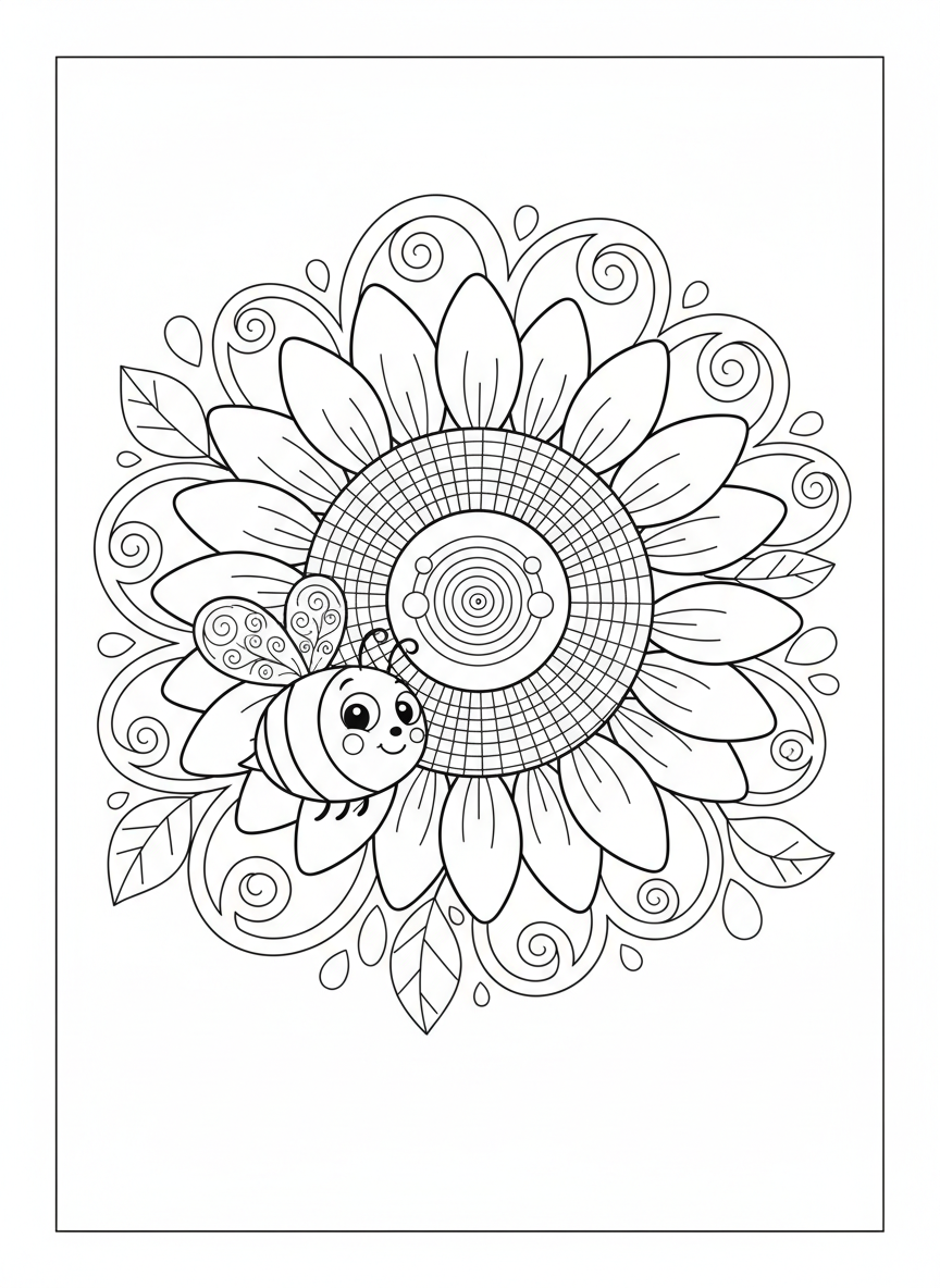 Cheerful Sunflower & Friendly Bee: A Whimsical Coloring Page for Kids