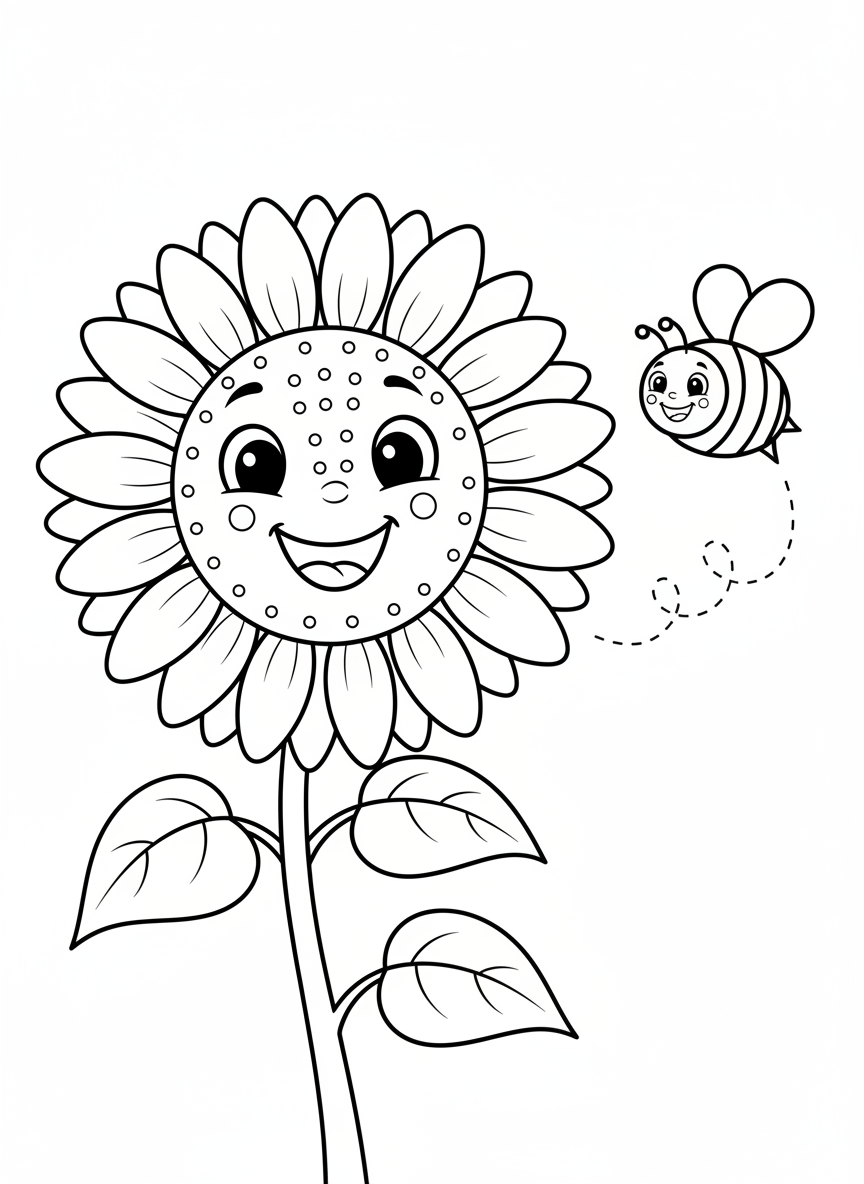 Cheerful Sunflower & Friendly Bee Coloring Page for Kids