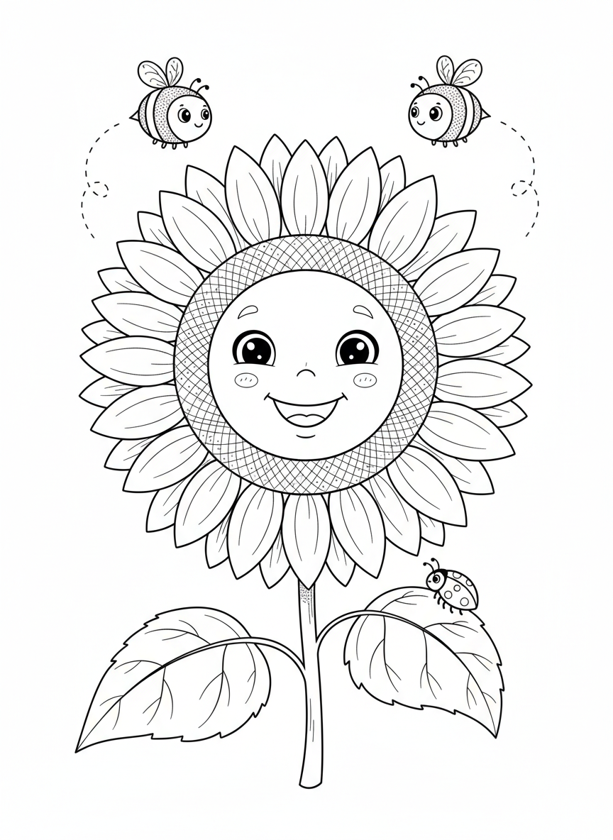 Cheerful Sunflower with Bees & Ladybug Coloring Page