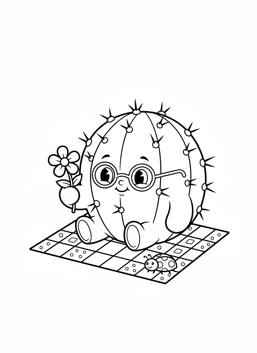 Chubby Cactus Picnic Fun Coloring Page