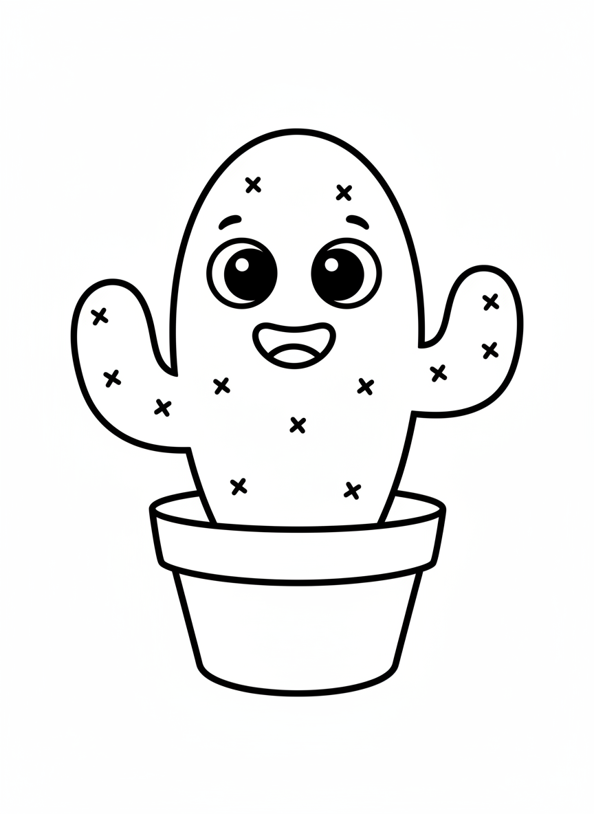 Cute Cartoon Cactus Coloring Page for Kids