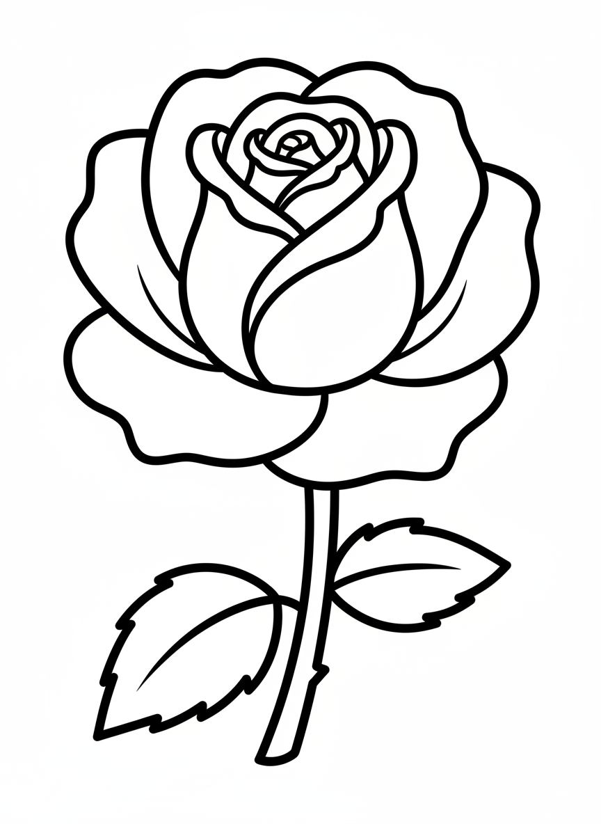 Cute Cartoon Rose Coloring Page for Kids 3-5