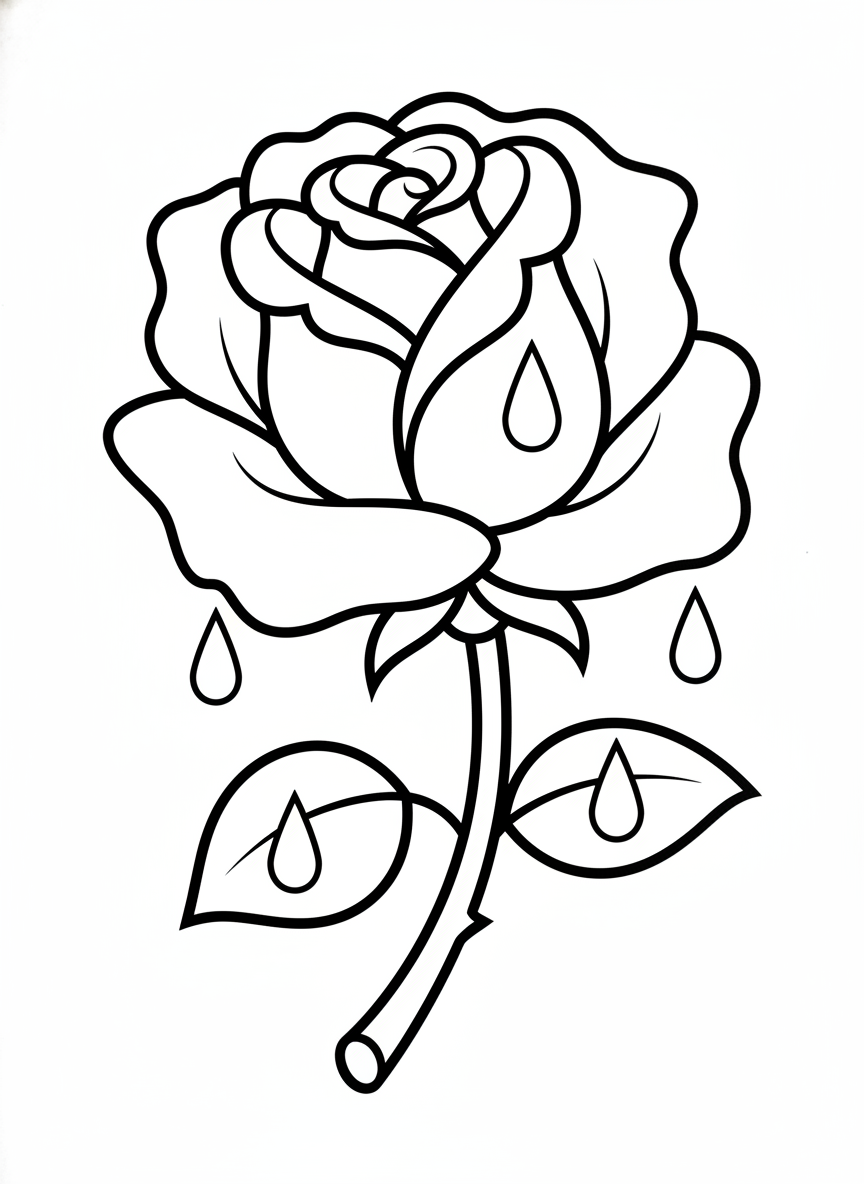 Cute Cartoon Rose with Raindrops Coloring Page