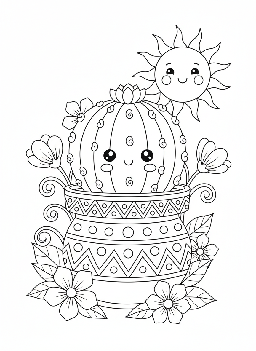 Cute Spherical Cactus & Desert Friends Coloring Page