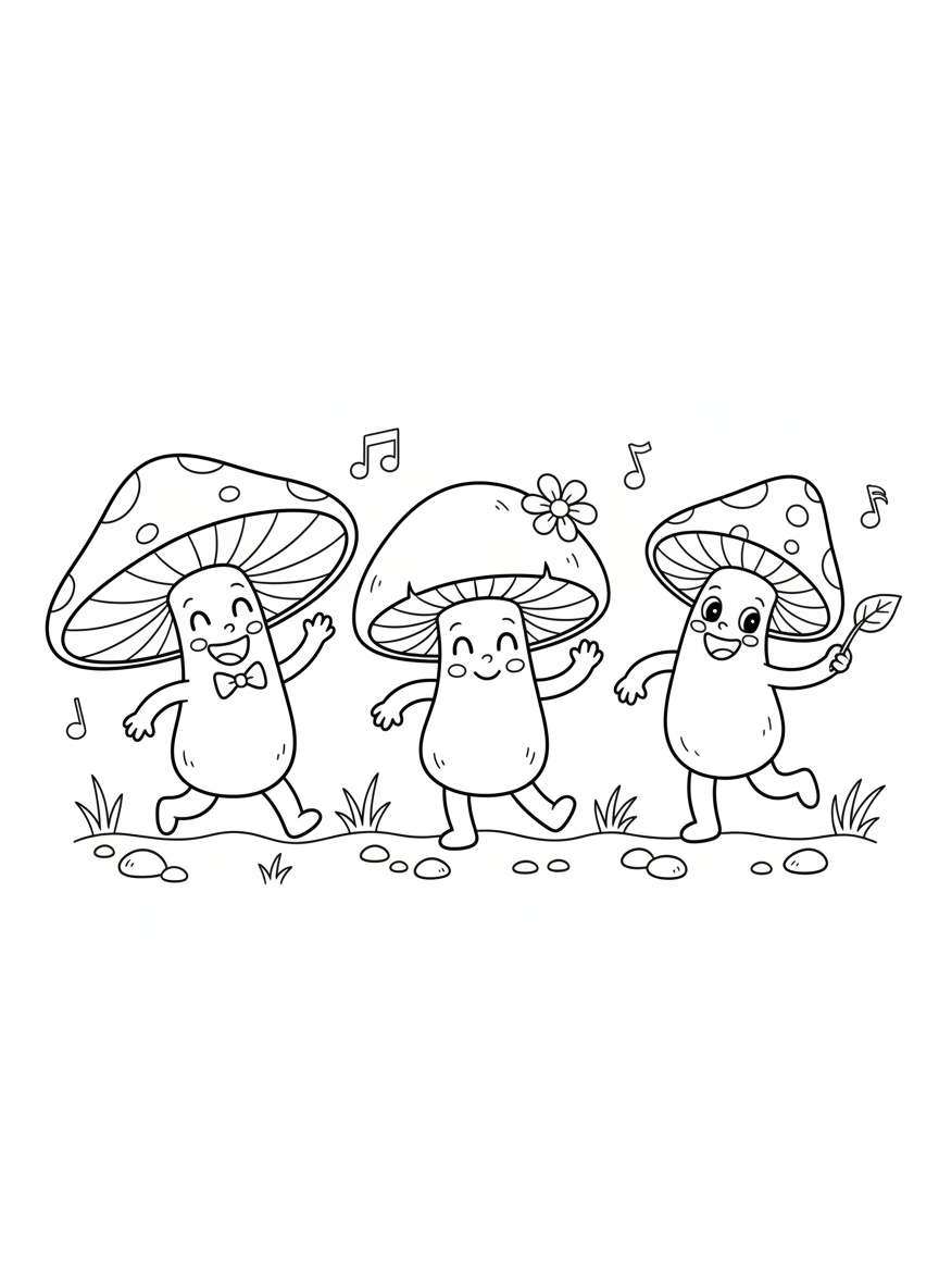 Dancing Mushroom Friends Coloring Page