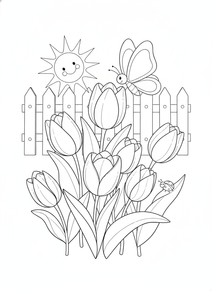 Enchanting Tulip Garden: Butterfly & Ladybug Kids Coloring Page