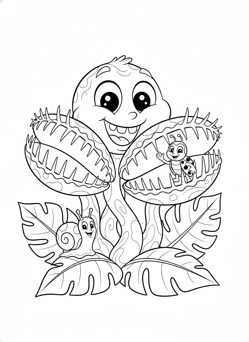 Friendly Venus Flytrap & Ladybug Coloring Page