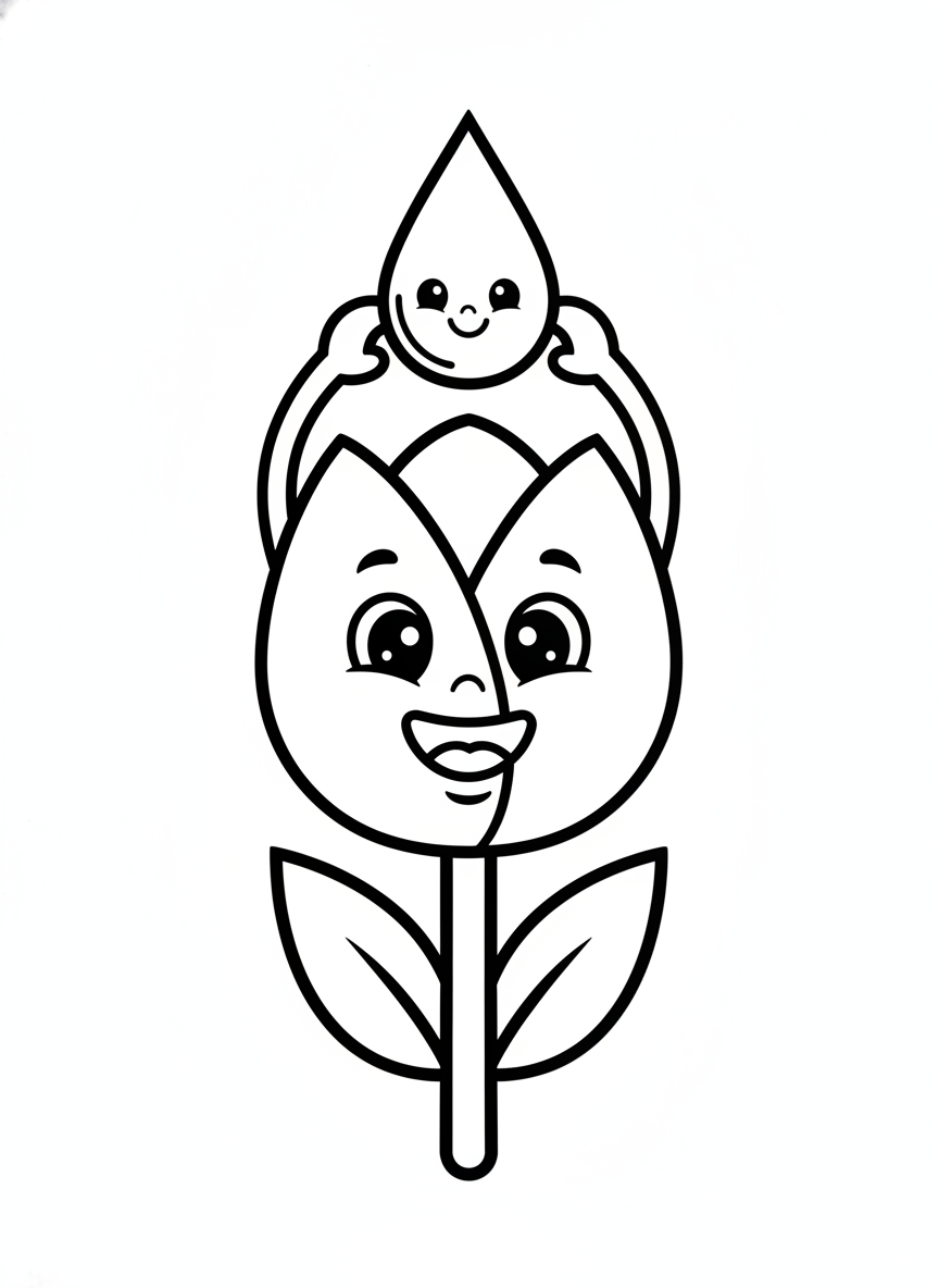 Happy Cartoon Tulip with Smiling Raindrop Coloring Page for Kids