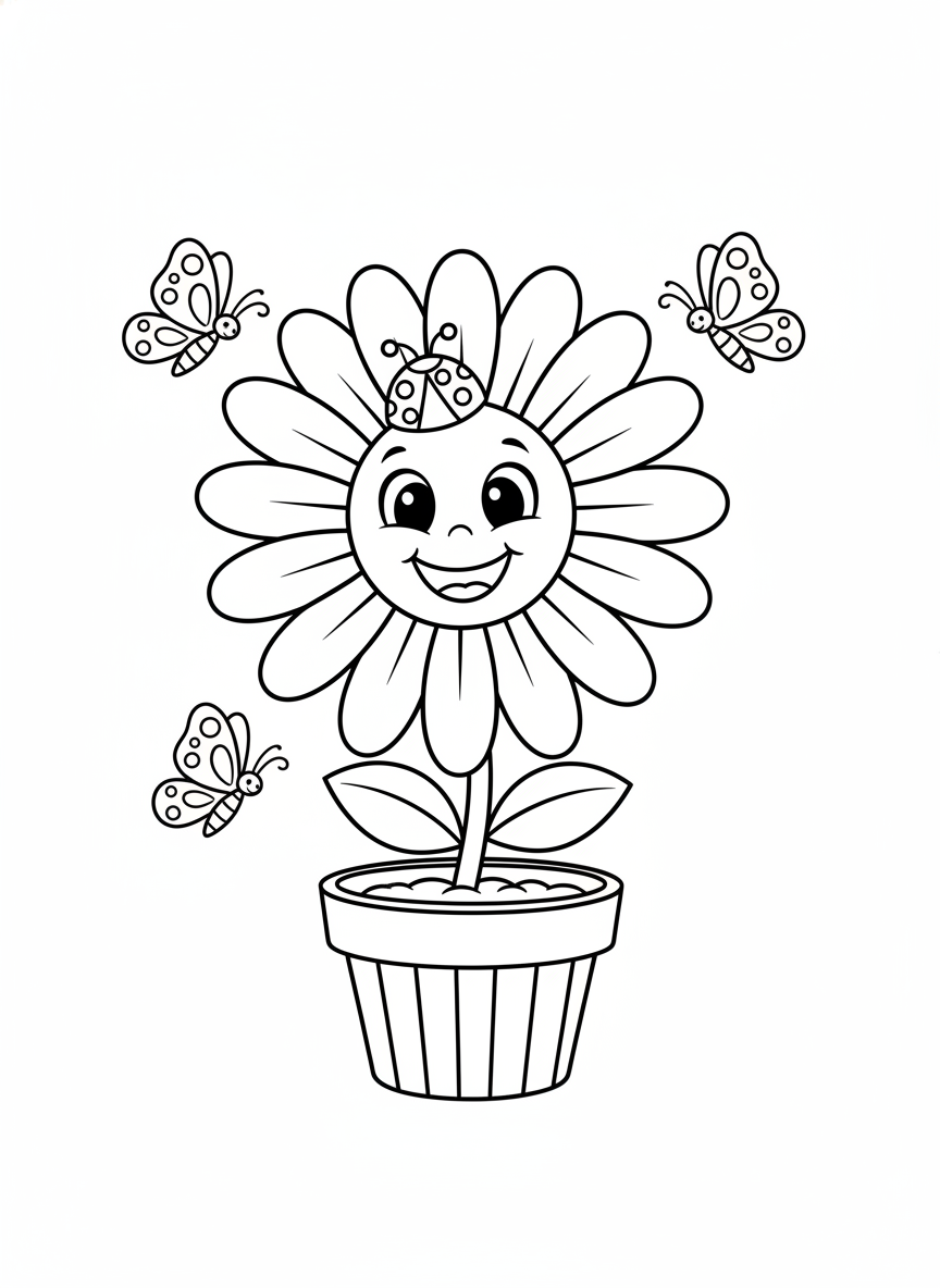Happy Daisy with Ladybug Hat Coloring Page