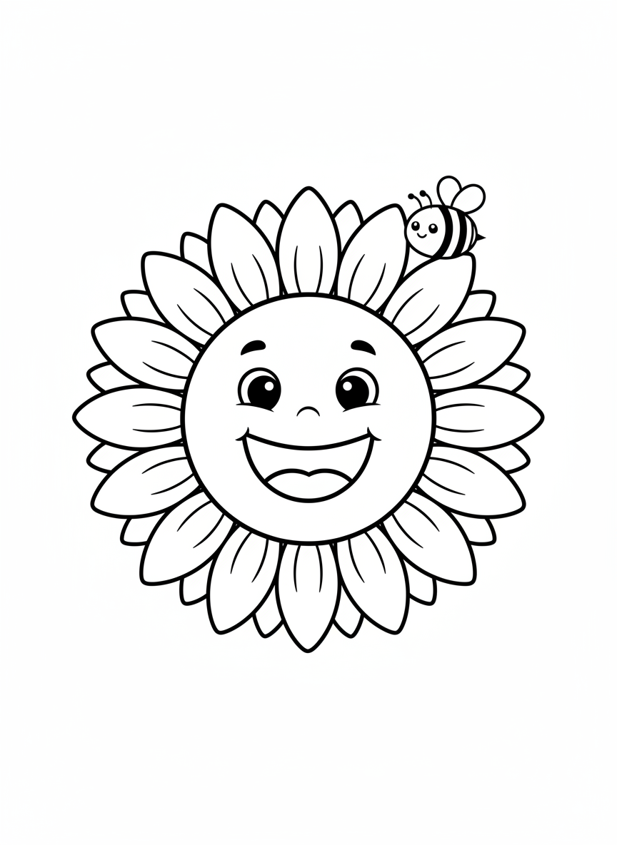 Happy Sunflower & Bee Coloring Page for Kids
