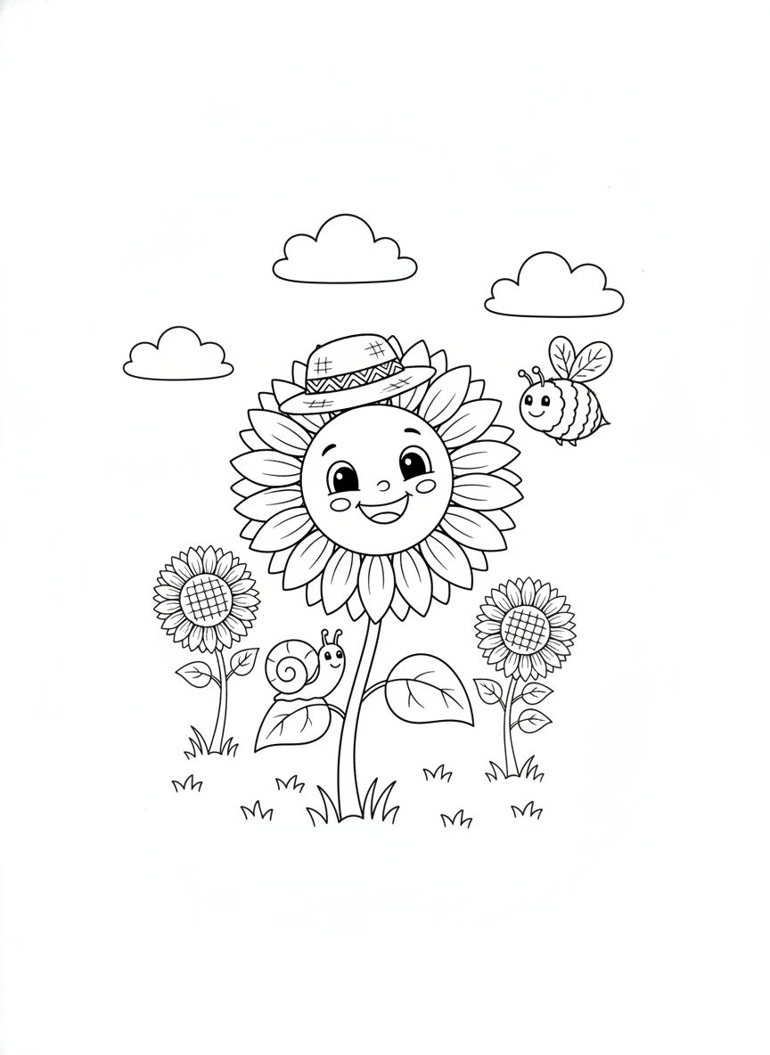 Happy Sunflower Field Coloring Page for Kids