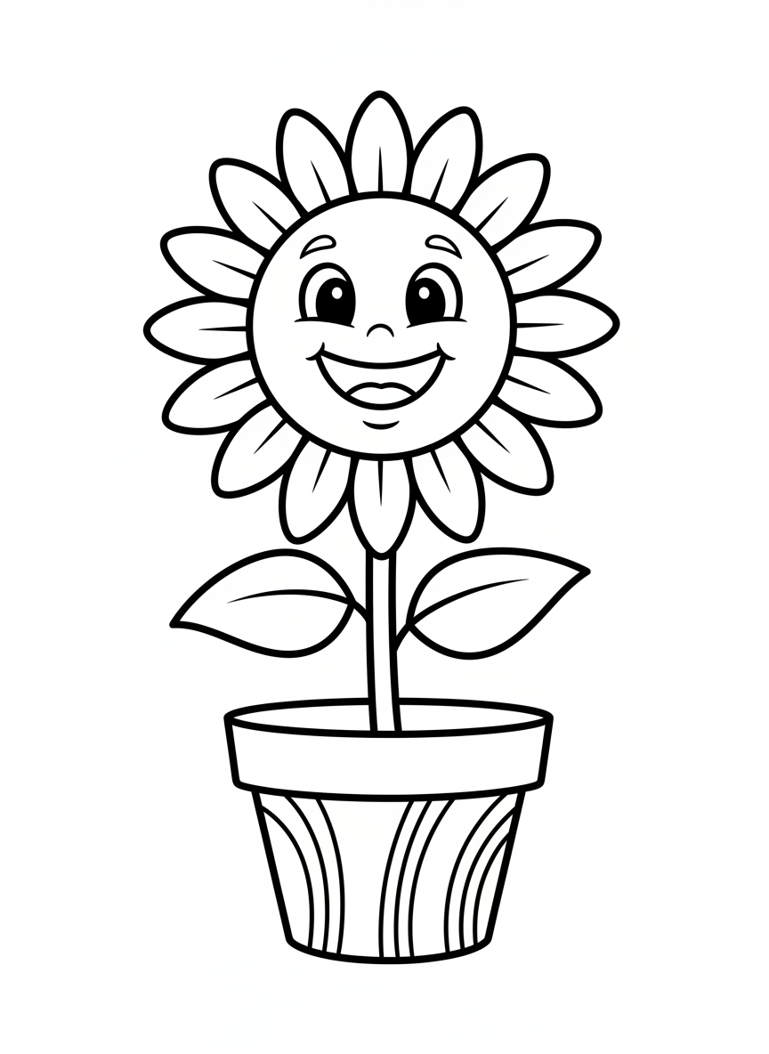 Happy Sunflower in a Pot Coloring Page for Kids