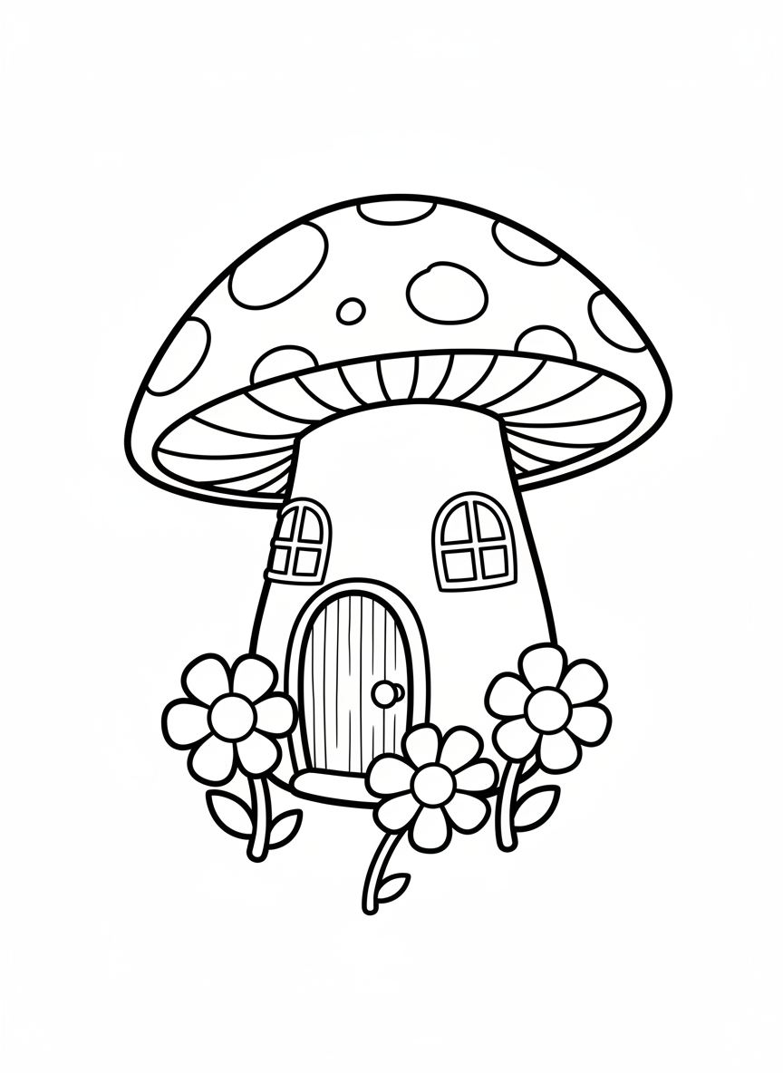 Smiling Mushroom House Coloring Page
