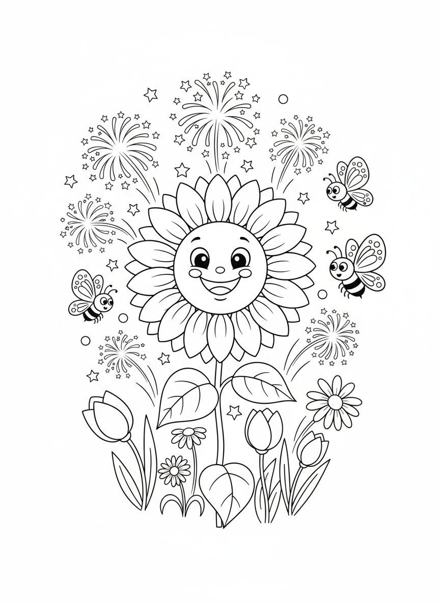 Whimsical Firework Garden Coloring Page