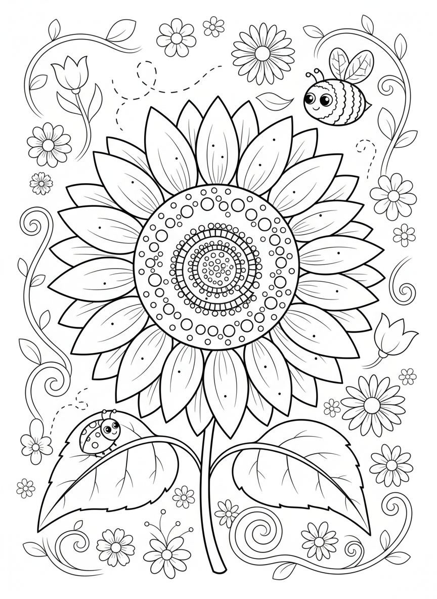 Whimsical Flower Garden Coloring: Sunflower, Bumblebee & Ladybug