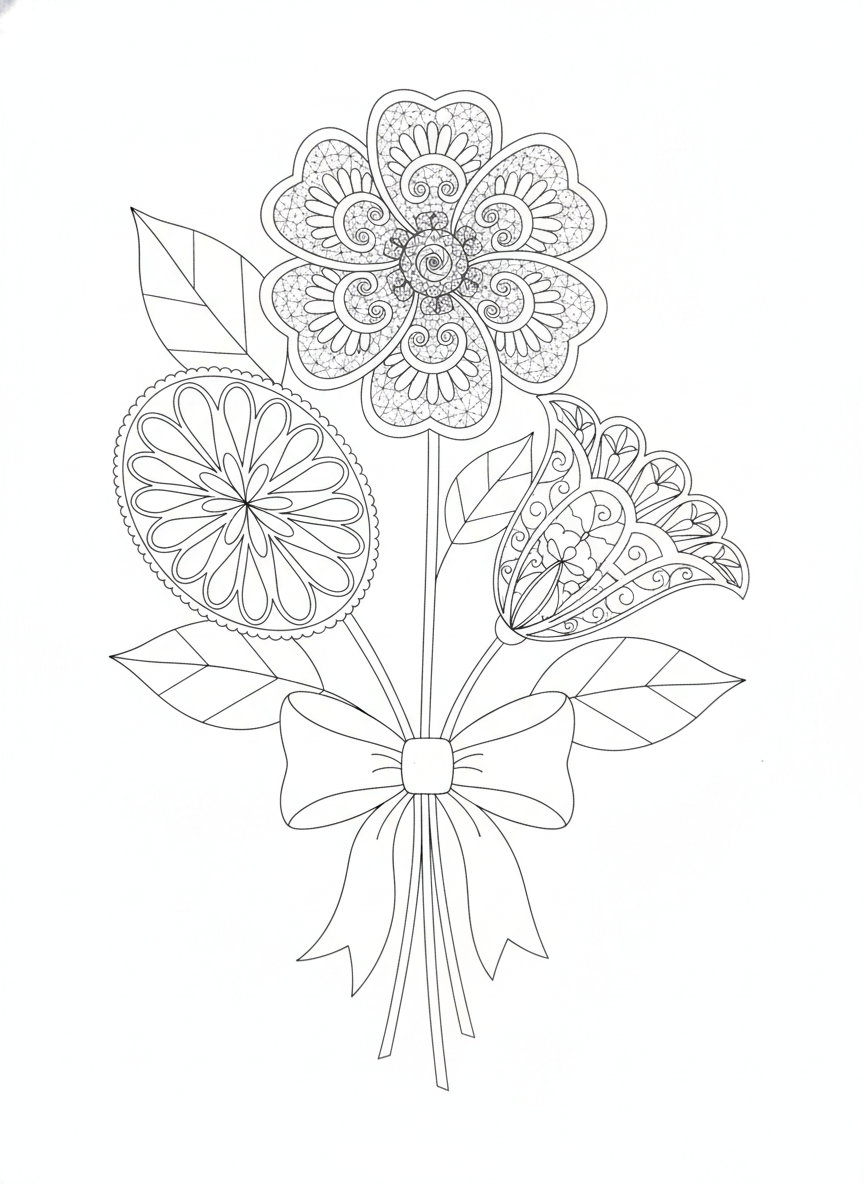 Whimsical Lace Flower Bouquet Coloring Page for Kids