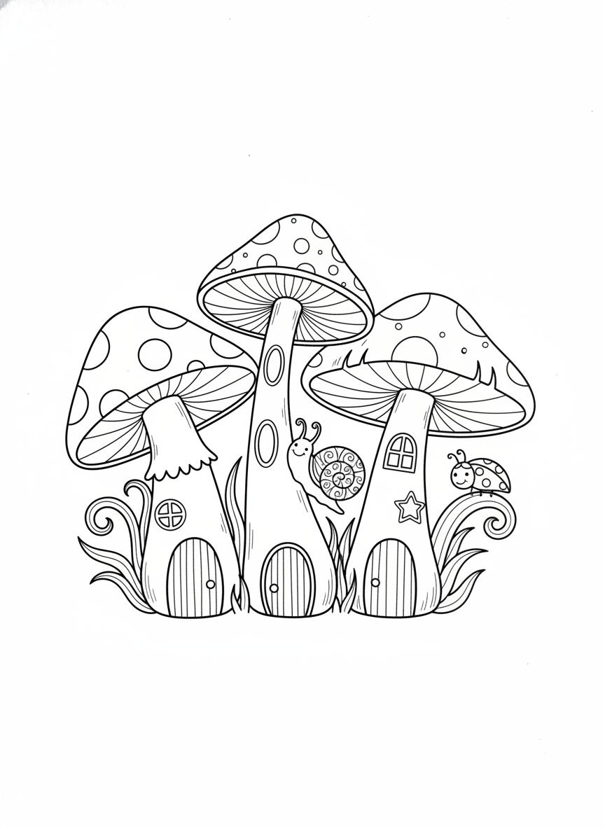 Whimsical Mushroom Village Coloring Page for Kids