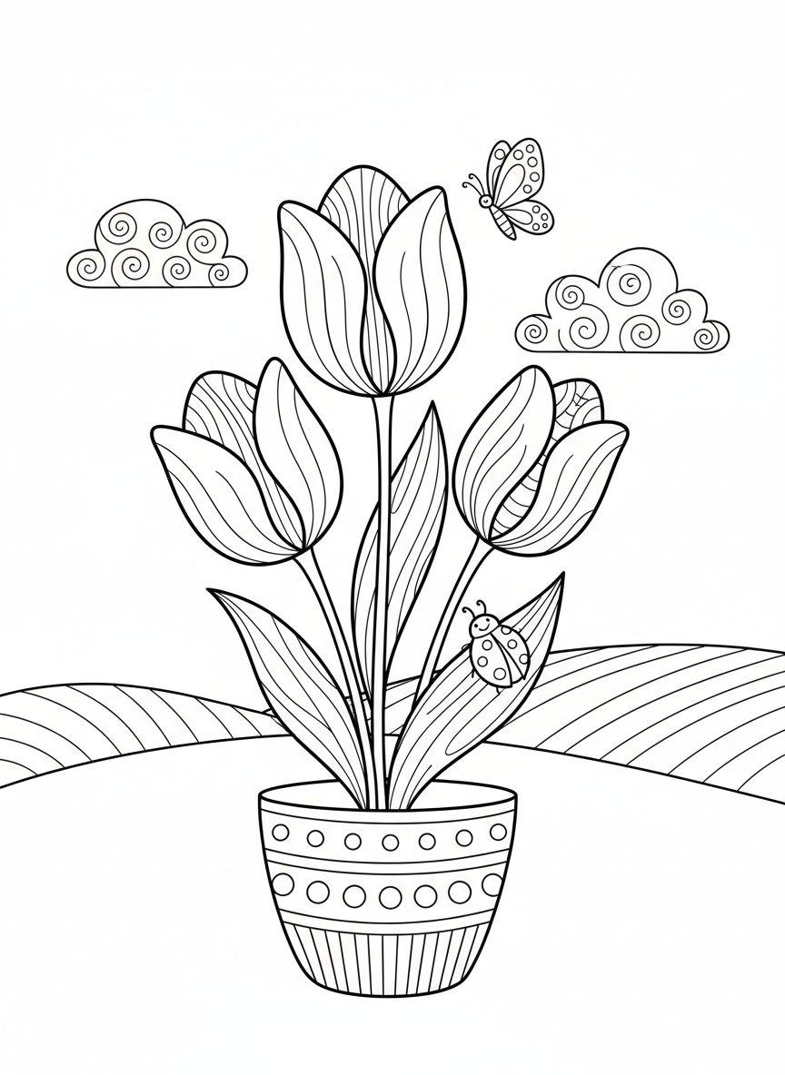 Whimsical Rainbow Tulips Coloring Page