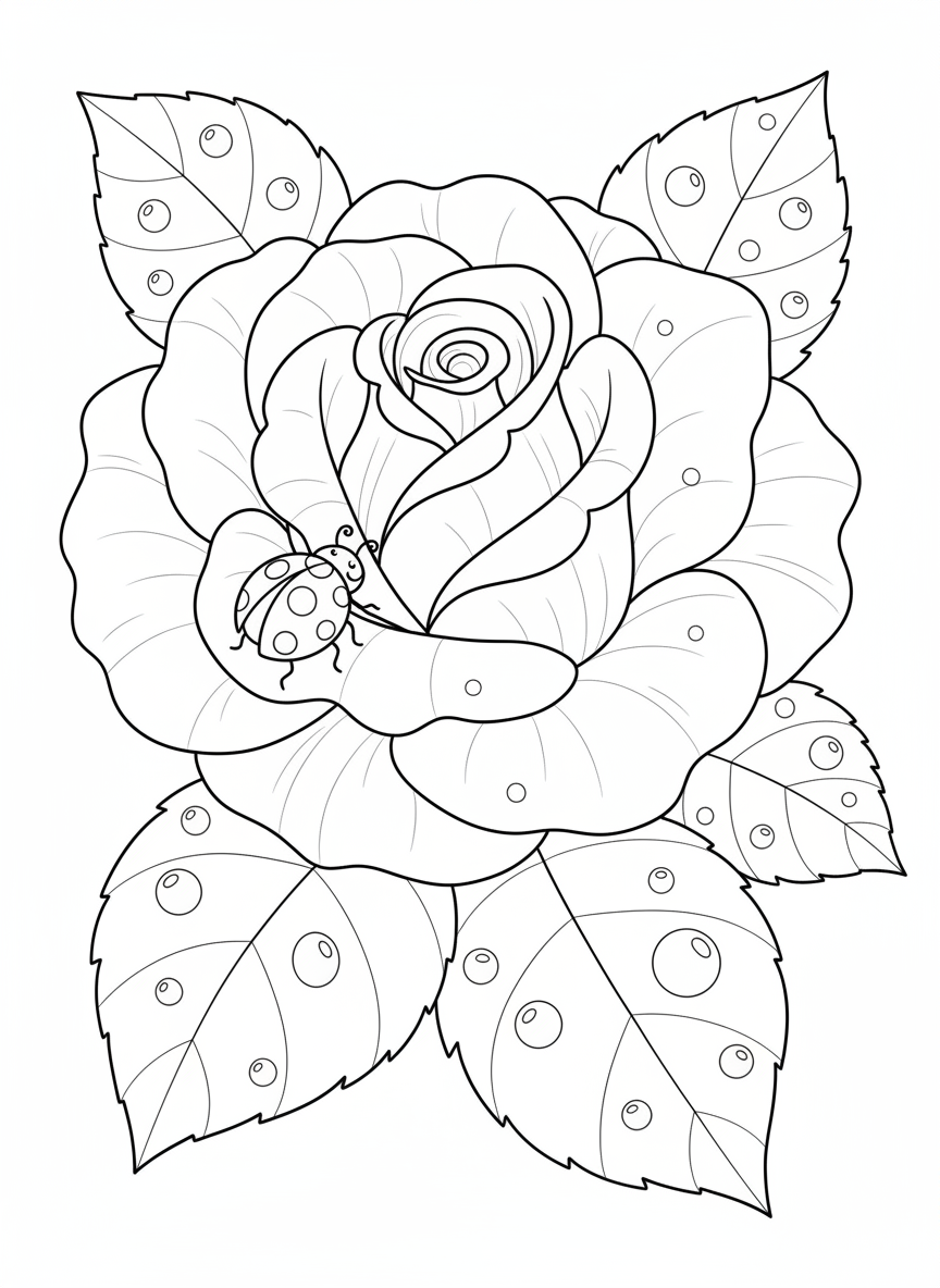 Whimsical Rose & Ladybug Coloring Page for Kids