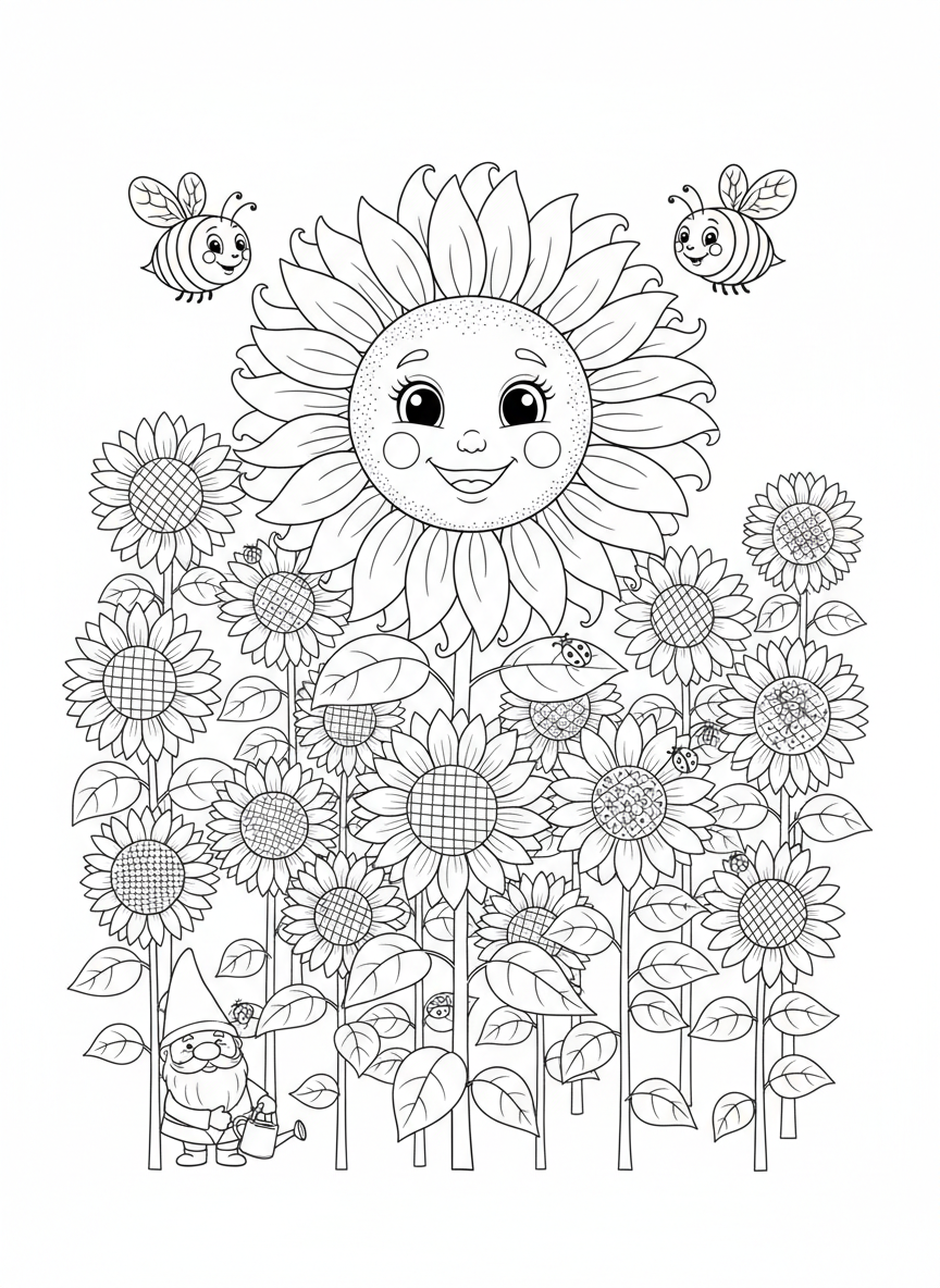 Whimsical Sunflower Field Coloring Page